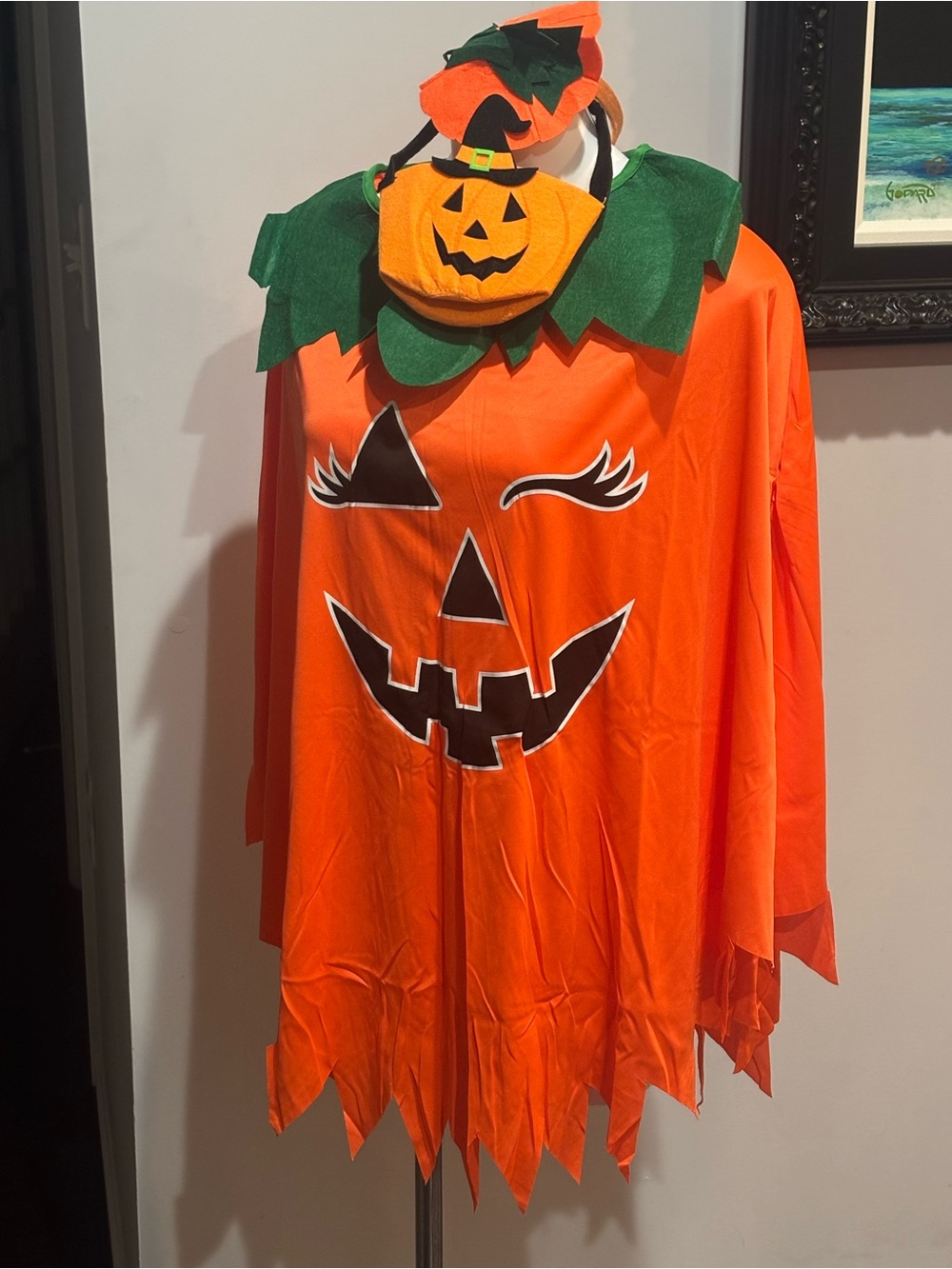 Women's Pumpkin Cape Costume with Green Collar and Matching Hat